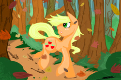 Size: 1024x679 | Tagged: safe, artist:mheowthy, applejack, earth pony, pony, autumn, forest, leaves, looking back, running, solo