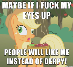 Size: 610x562 | Tagged: safe, screencap, applejack, derpy hooves, earth pony, pegasus, pony, derp, female, image macro, mare, meme, op is a cuck, op is trying to start shit