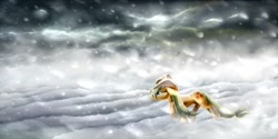 Size: 1600x800 | Tagged: safe, artist:pyrestorm, applejack, earth pony, pony, applejack's hat, detailed background, female, freckles, mare, snow, snowfall, solo, tired