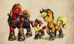 Size: 1500x891 | Tagged: safe, artist:audrarius, apple bloom, applejack, big macintosh, earth pony, pony, apple siblings, apron, armor, clothes, goggles, hammer, horseshoes, male, saddle bag, stallion, steampunk