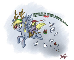 Size: 1200x986 | Tagged: safe, artist:romaniz, derpy hooves, dinky hooves, pegasus, pony, antlers, christmas, female, flying, hearth's warming eve, letter, mare, mother and child, mother and daughter, parent and child, present, riding, rudolph the red nosed reindeer