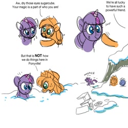 Size: 500x500 | Tagged: safe, artist:shuffle001, applejack, spike, twilight sparkle, dragon, earth pony, pony, boast busters, winter wrap up, comic, comparison, crying, hypocrisy, limited palette, scene interpretation, sketch