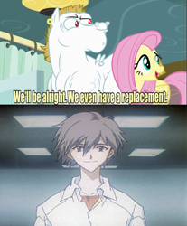 Size: 642x774 | Tagged: safe, bulk biceps, fluttershy, pegasus, pony, blonde, blonde mane, blonde tail, blue eyes, curtain, ear piercing, exploitable meme, female, looking to side, looking to the right, male, mare, meme, nagisa kaworu, neon genesis evangelion, open mouth, piercing, pink mane, pink tail, red eyes, replacement meme, smiling, spread wings, stallion, text, white coat, wings, yellow coat