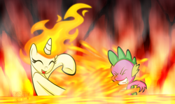 Size: 2278x1357 | Tagged: safe, artist:omegasunburst, derpibooru import, spike, twilight sparkle, dragon, cute, grin, happy, lava, lava bathing, mane of fire, rapidash, rapidash twilight, splash, twiabetes