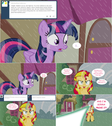 Size: 1284x1444 | Tagged: safe, artist:hakunohamikage, sunset shimmer, twilight sparkle, twilight sparkle (alicorn), alicorn, pony, ask, ask-princesssparkle, magic, rain, tumblr, vector