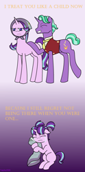 Size: 1270x2560 | Tagged: safe, artist:hayley566, firelight, starlight glimmer, pony, unicorn, the parent map, father and child, father and daughter, feels, female, filly, filly starlight glimmer, gradient background, headscarf, male, mare, parent and child, purple background, regret, scarf, simple background, stallion, younger