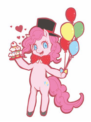 Size: 1397x1875 | Tagged: safe, artist:mitsu, pinkie pie, pony, balloon, bipedal, bowtie, cupcake, hat, pixiv, solo, top hat