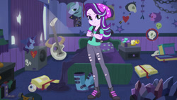 Size: 1280x720 | Tagged: safe, artist:rodan00, edit, edited screencap, screencap, starlight glimmer, bat pony alicorn, equestria girls, mirror magic, the parent map, spoiler:eqg specials, bad guitar anatomy, beanie, bed, bedroom, book, boots, chains, clothes, crossed arms, crystal, edgelight glimmer, eyeball, female, goth, guitar, hat, it's not a phase, it's not a phase mom it's who i am, kite, legs, looking at you, pants, plushie, poster, ripped pants, shoes, simple background, skateboard, skull, smiling, solo, starlight's room, transparent background, vector, watch, wristwatch