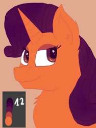 Size: 720x960 | Tagged: artist needed, source needed, safe, rarity, pony, unicorn, challenge, chest fluff, ear fluff, ears, female, horn, looking to side, looking to the right, mare, orange coat, palette, purple mane, simple background, smiling, solo