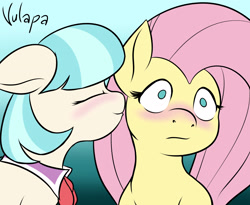 Size: 2059x1686 | Tagged: safe, artist:vulapa, coco pommel, fluttershy, pegasus, pony, blushing, cocoshy, eyes closed, female, floppy ears, lesbian, shipping, smiling, surprised, varying degrees of want, wavy mouth, wide eyes