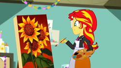 Size: 1280x720 | Tagged: safe, screencap, sunset shimmer, eqg summertime shorts, equestria girls, the art of friendship, apron, brush, clothes, easel, happy, paint, painting, smiling, solo, sunflower, sunset's painting