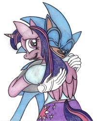 Size: 768x957 | Tagged: safe, artist:jameythehedgehog, derpibooru import, twilight sparkle, twilight sparkle (alicorn), alicorn, anthro, crossover, hug, shipping, sonic the hedgehog, sonic the hedgehog (series), traditional art, twisonic