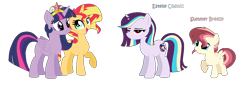 Size: 1360x484 | Tagged: safe, artist:s1nb0y, sunset shimmer, twilight sparkle, twilight sparkle (alicorn), oc, oc:estelle cosmic, oc:summer breeze, alicorn, pony, base used, family, female, lesbian, magical lesbian spawn, offspring, parent:sunset shimmer, parent:twilight sparkle, parents:sunsetsparkle, shipping, simple background, sunsetsparkle, transparent background