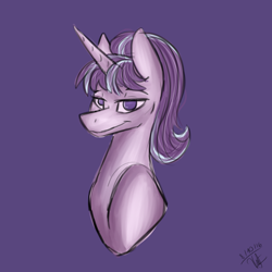 Size: 1024x1024 | Tagged: safe, artist:albinnada, starlight glimmer, pony, unicorn, bust, female, lidded eyes, looking at you, mare, simple background, smiling, solo