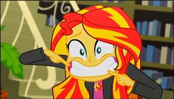 Size: 1546x881 | Tagged: safe, sunset shimmer, epic fails (equestria girls), eqg summertime shorts, equestria girls, faic, female, gritted teeth, looking at you, pointing, solo, teeth, wide eyes