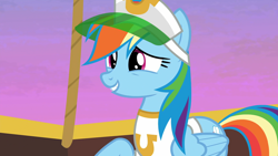 Size: 1920x1080 | Tagged: safe, derpibooru import, screencap, rainbow dash, pegasus, pony, grannies gone wild, clothes, female, gold horseshoe gals, mare, shirt, solo, t-shirt, visor