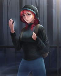 Size: 800x1000 | Tagged: safe, artist:vanillaghosties, sunset shimmer, human, eqg summertime shorts, equestria girls, monday blues, backpack, cellphone, clothes, female, hoodie, humanized, pants, phone, rain, solo, sweater, tree