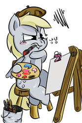 Size: 600x900 | Tagged: safe, artist:walthooves, derpy hooves, pegasus, pony, beret, easel, female, mare, mouth hold, paintbrush, sitting, solo, stool