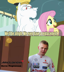 Size: 637x713 | Tagged: safe, bulk biceps, fluttershy, pegasus, pony, rainbow falls, blonde mane, blonde tail, blue eyes, curtain, ear piercing, exploitable meme, female, formula 1, kevin magnussen, looking to side, looking to the right, male, mare, mclaren, meme, open mouth, piercing, pink mane, pink tail, red eyes, replacement meme, smiling, spread wings, stallion, text, white coat, wings, yellow coat