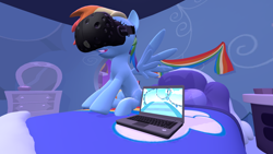 Size: 1920x1080 | Tagged: safe, artist:northern haste, derpibooru import, rainbow dash, pegasus, pony, grannies gone wild, 3d, bed, computer, htc vive, laptop computer, roller coaster, solo, source filmmaker, virtual reality, vr headset