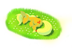 Size: 1582x1062 | Tagged: artist needed, safe, applejack, earth pony, pony, flower, grass, simple background, sleeping, solo, transparent background