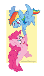 Size: 1177x2000 | Tagged: safe, artist:arieann-pentagon, derpibooru import, pinkie pie, rainbow dash, earth pony, pegasus, pony, blue coat, duo, duo female, female, mare, multicolored mane, pink coat, pink mane, wings