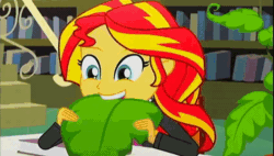 Size: 800x453 | Tagged: safe, edit, screencap, sunset shimmer, epic fails (equestria girls), eqg summertime shorts, equestria girls, animated, cropped, cute, female, food, gif, humans doing horse things, nom, shimmerbetes, sunset wants her old digestive system back