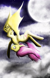 Size: 3300x5100 | Tagged: safe, artist:spiritofthwwolf, fluttershy, bat pony, pony, bats!, alternate cutie mark, bat wings, epic, flutterbat, flying, moon, race swap, solo