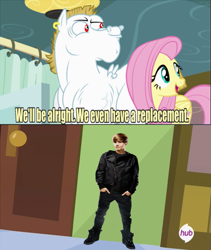 Size: 865x1024 | Tagged: safe, bulk biceps, fluttershy, pegasus, pony, rainbow falls, blonde mane, blonde tail, blue eyes, curtain, ear piercing, exploitable meme, female, justin bieber, looking to side, looking to the right, male, mare, meme, open mouth, piercing, pink mane, pink tail, red eyes, replacement meme, smiling, spread wings, stallion, text, white coat, wings, yellow coat