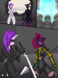 Size: 710x947 | Tagged: safe, artist:glassmenagerie, starlight glimmer, tempest shadow, pony, robot, unicorn, armor, blindfold, comic, nier: automata, spear, sword, weapon