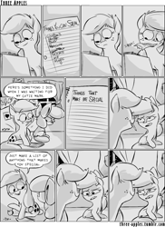 Size: 944x1294 | Tagged: safe, artist:capnpea, apple bloom, applejack, earth pony, pony, comic:three apples, angry, clubhouse, comic, crusaders clubhouse, duo, duo female, female, filly, mare, monochrome, mouth hold, night, sitting