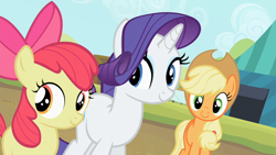 Size: 800x450 | Tagged: safe, screencap, apple bloom, applejack, rarity, earth pony, pony, unicorn, female, horn, mare