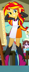 Size: 269x675 | Tagged: safe, screencap, sunset shimmer, thunderbass, velvet sky, eqg summertime shorts, equestria girls, the art of friendship, apron, clothes, cropped, solo focus