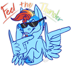 Size: 1318x1200 | Tagged: safe, artist:g-elric, derpibooru import, rainbow blitz, rainbow dash, pegasus, pony, facial hair, feather fingers, simple background, solo, sunglasses, teeth, text, trans boy, transgender, transparent background, wing hands