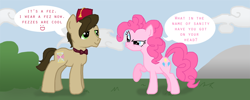 Size: 1000x400 | Tagged: safe, artist:yuralria, doctor whooves, pinkie pie, earth pony, pony, duo, eleventh doctor, fez, hat, river song