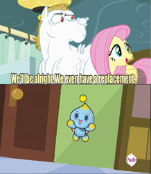 Size: 575x659 | Tagged: safe, bulk biceps, fluttershy, pegasus, pony, blonde, blonde mane, blonde tail, blue eyes, chao, crossover, curtain, ear piercing, exploitable meme, female, looking to side, looking to the right, male, mare, meme, open mouth, piercing, pink mane, pink tail, red eyes, replacement meme, smiling, sonic the hedgehog (series), spread wings, stallion, text, white coat, wings, yellow coat