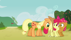 Size: 1280x720 | Tagged: safe, screencap, apple bloom, applejack, babs seed, earth pony, pony, apple family reunion, female, filly, mare, pushing, rump push