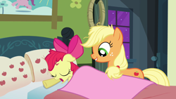 Size: 1280x720 | Tagged: safe, screencap, apple bloom, applejack, earth pony, pony, apple family reunion, bed, out of context, sleeping, snoring