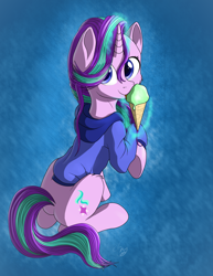 Size: 1668x2160 | Tagged: safe, artist:cluvry, starlight glimmer, pony, unicorn, blue background, clothes, dessert, female, food, hoodie, ice cream, levitation, licking, magic, plot, simple background, sitting, smiling, solo, telekinesis, tongue out, underhoof