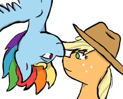 Size: 1500x1200 | Tagged: safe, artist:fiercerainbow, derpibooru import, applejack, rainbow dash, earth pony, pegasus, pony, appledash, eye contact, female, hat, lesbian, shipping, upside down