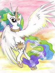 Size: 1433x1904 | Tagged: safe, artist:visoris, princess celestia, alicorn, pony, female, horn, mare, multicolored mane, solo, traditional art, white coat