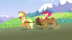 Size: 1280x720 | Tagged: safe, screencap, apple bloom, applejack, earth pony, pony, cart, riding