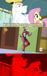 Size: 640x1021 | Tagged: safe, bulk biceps, fluttershy, pegasus, pony, rainbow falls, blonde, blonde mane, blonde tail, blue eyes, curtain, ear piercing, exploitable meme, female, jojo's bizarre adventure, king crimson, looking to side, looking to the right, male, mare, meme, open mouth, piercing, pink mane, pink tail, red eyes, replacement meme, smiling, spread wings, stallion, stand, text, white coat, wings, yellow coat