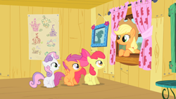 Size: 1280x720 | Tagged: safe, screencap, apple bloom, applejack, scootaloo, sweetie belle, earth pony, pony, the show stoppers, cutie mark crusaders