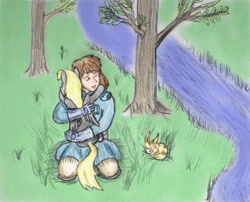 Size: 1366x1106 | Tagged: safe, artist:sdf1jjak, derpy hooves, human, breeches, feels, feminism, grass, heartwarming, hug, nausicaa & derpy, nausicaa of the valley of the wind, post-apocalyptic, river, save derpy, squirrel fox, stream, teto, that one nameless background pony we all know and love, tree