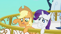 Size: 1920x1080 | Tagged: safe, screencap, applejack, rarity, earth pony, pony, unicorn, the crystal empire, bad poker face