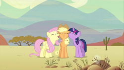 Size: 1280x720 | Tagged: safe, screencap, applejack, fluttershy, twilight sparkle, earth pony, pegasus, pony, the last roundup, appletwishy, desert