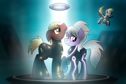 Size: 7250x4850 | Tagged: safe, artist:drawponies, cloudchaser, derpy hooves, oc, oc:neostrike, pegasus, pony, absurd resolution, female, mare, neochaser, tron, tron legacy