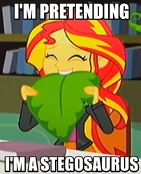 Size: 489x604 | Tagged: safe, screencap, sunset shimmer, dinosaur, epic fails (equestria girls), eqg summertime shorts, equestria girls, cute, eyes closed, happy, herbivore, homesick shimmer, humans doing horse things, image macro, meme, plant, shimmerbetes, silly human, solo, stegosaurus, sunset wants her old digestive system back