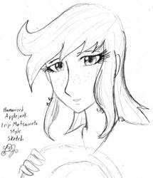 Size: 688x800 | Tagged: safe, artist:dj-black-n-white, applejack, human, humanized, leiji matsumoto style, monochrome, solo, style emulation